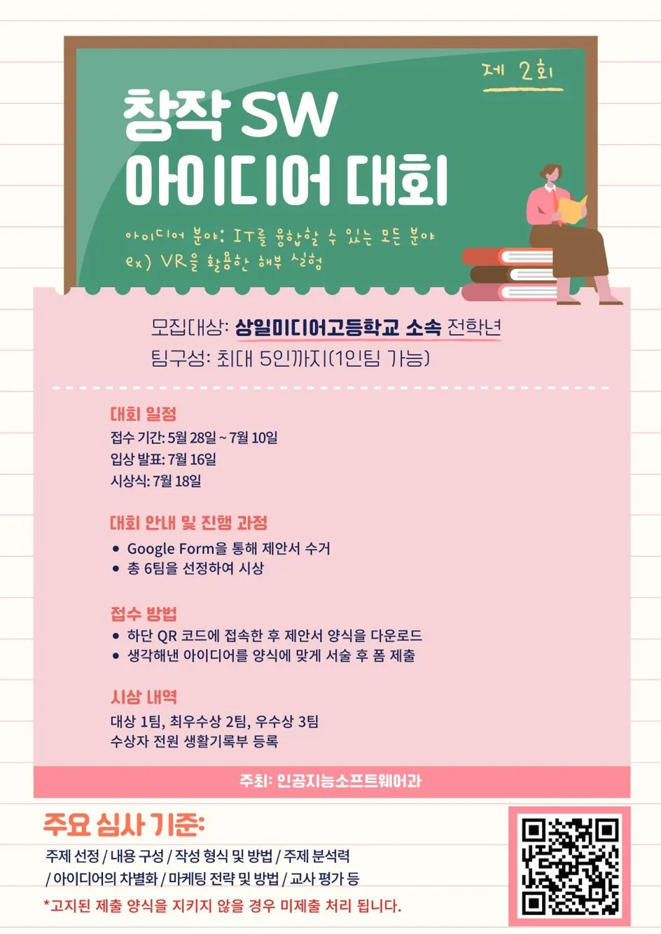 제2회 창작 SW 아이디어 대회 포스터. 모집 대상 상일미디어고 전 학년, 팀 최대 5인, 접수 5월 28일~7월 10일, 입상 발표 7월 16일, 시상식 7월 18일